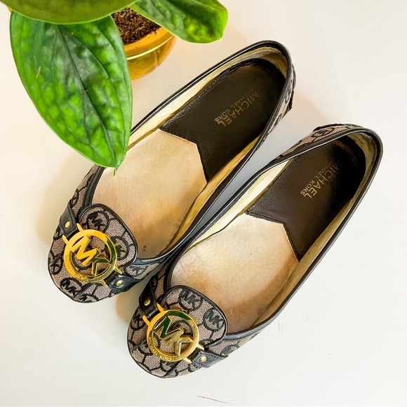 Michael Kors Shoes - MICHAEL KORS Black Blue Monogram Canvas & Leather Ballerina Flats With Gold Logo